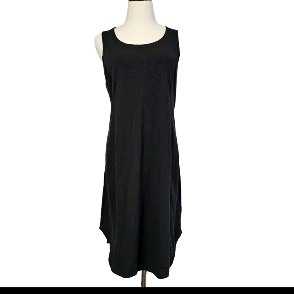LL Bean LBD Black Sleeveless Round Hem Midi Plain Small Shirt Summer Dress